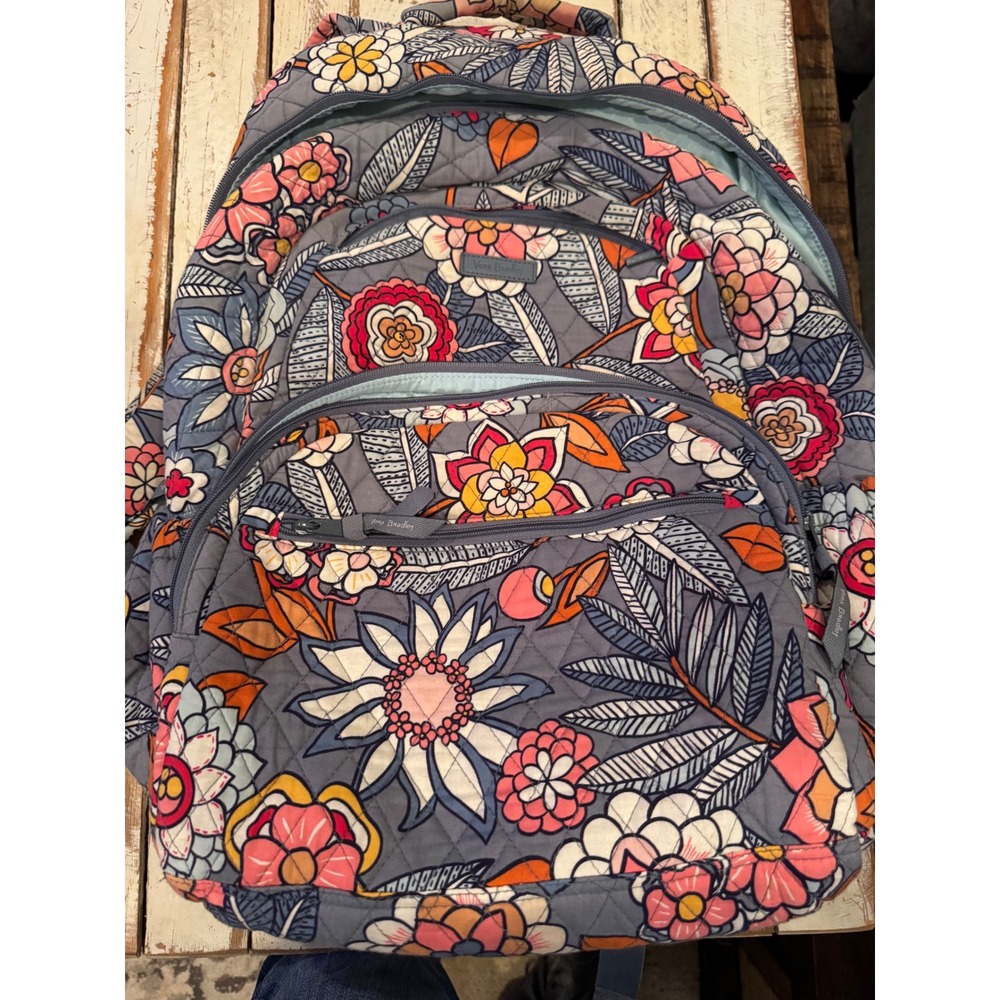 Vera Bradley Quilted Floral Backpack Blue Pink Orange Multi Pocket Bag